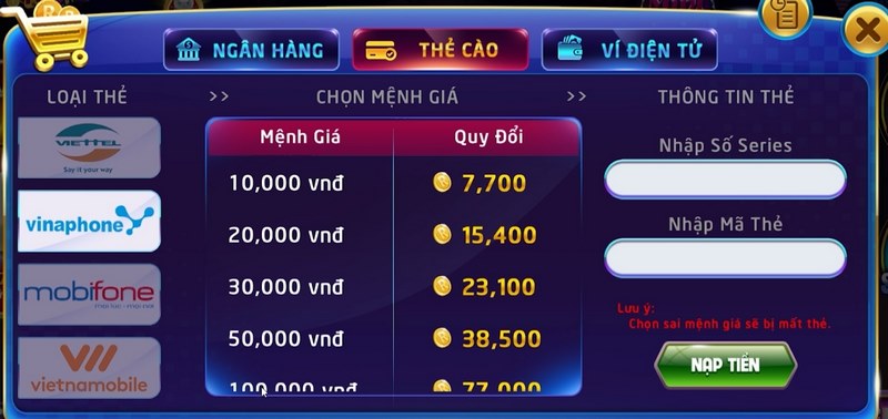 nạp tiền bằng thẻ cào điện thoại