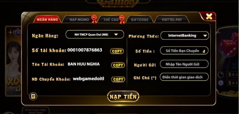 nạp tiền roy79 hình thức ngân hàng